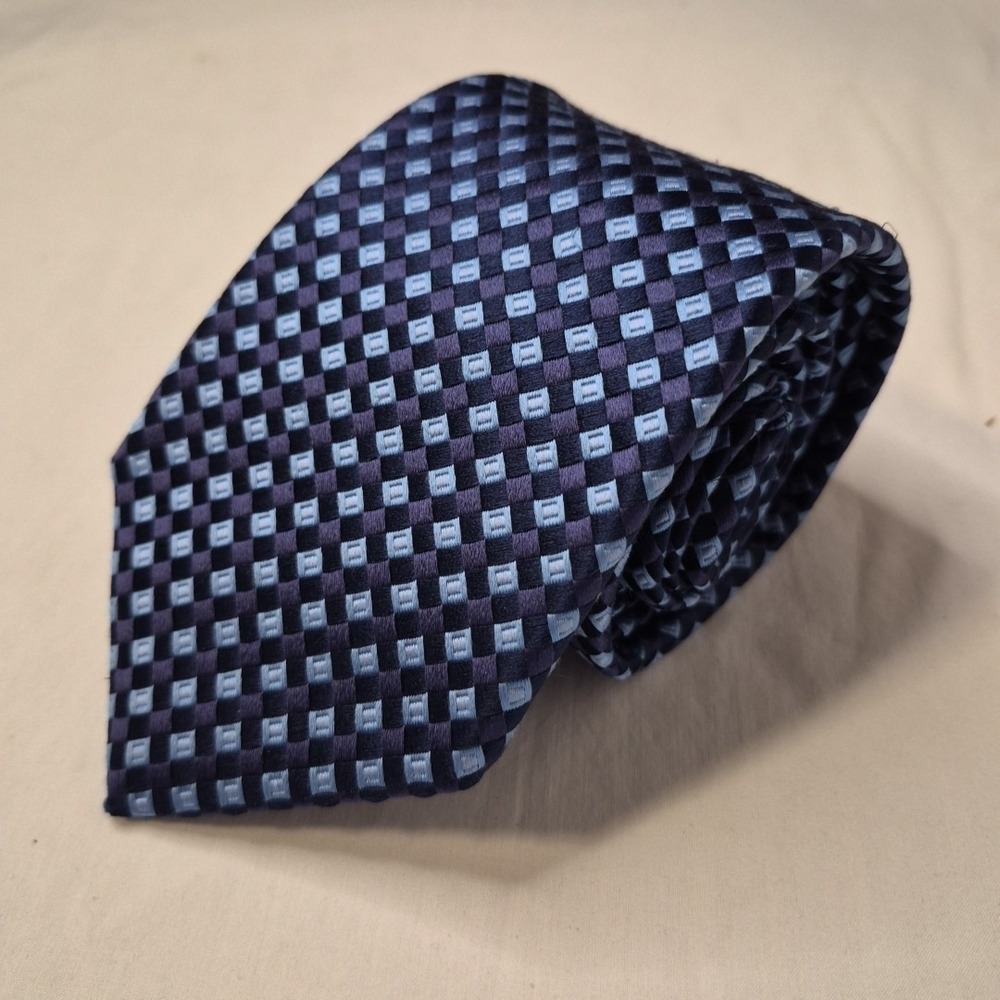 IKE Behar Seven Fold Mens Tie Blue Purple Diamond Check Silk USA 7 Fold Necktie - Picture 7 of 7